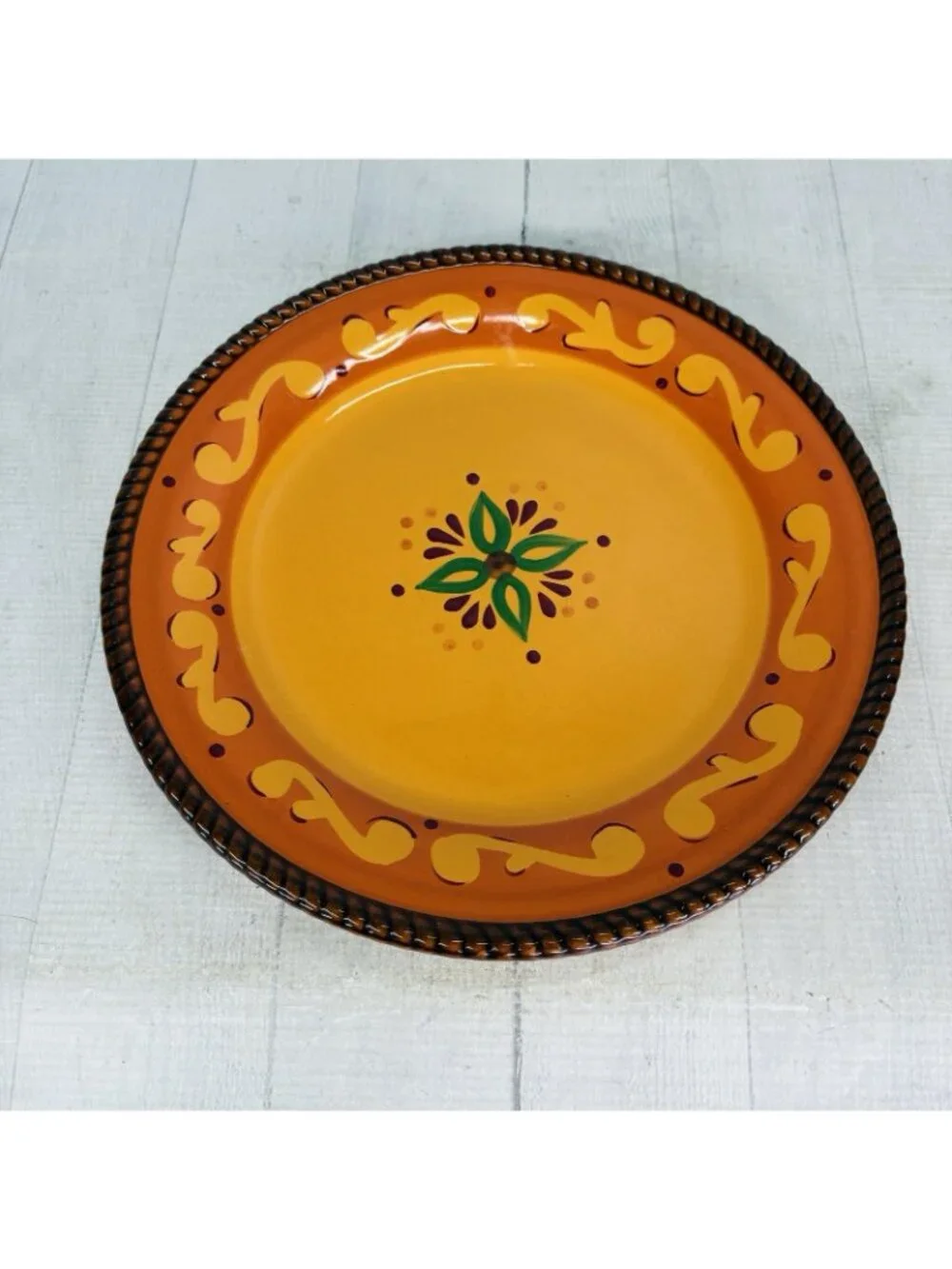Celebrating Home TUSCAN Orange Red Yellow Rope Trim Stoneware Dinner Plate Set 3